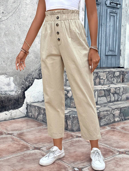 Casual Buttoned Linen Plain Paperbag Waist Button Front Pants, Apricot, Pants
