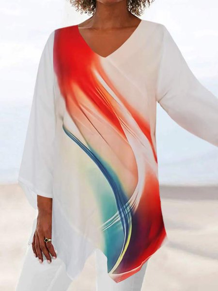 

Abstract V Neck Vacation Loose Shirt, Multicolor, Shirts & Blouses