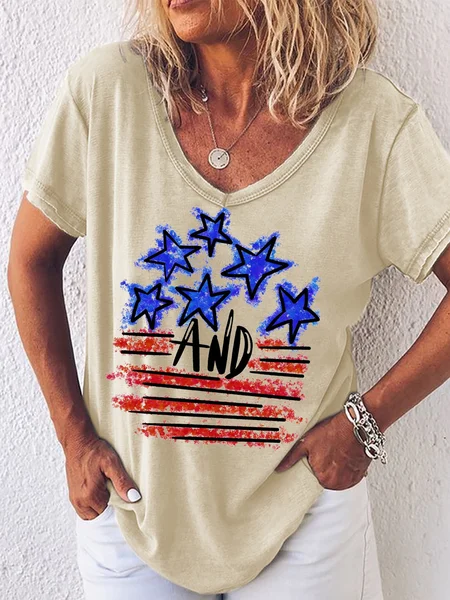 

Women's Funny The American Flag Has Blue Stars And Red Stripes Graphic Printing 4th Of July Casual V Neck Independence Day T-Shirt, Khaki, T-shirts