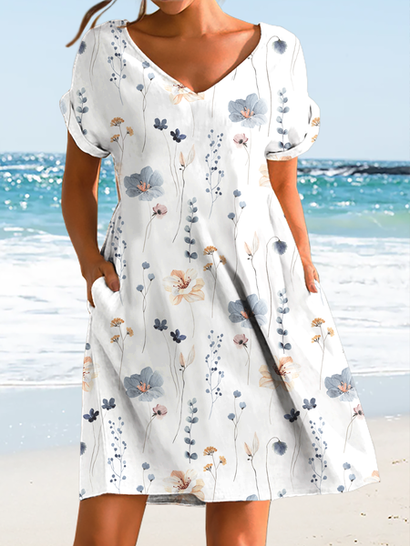 

Women's Casual Floral Cotton-Blend Loose Dress, Light blue, Dresses