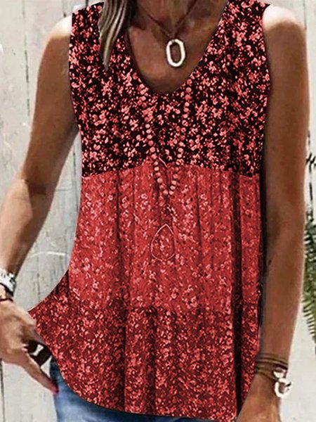 

Floral Loose Casual Crew Neck Tank Top, Red, Tanks & Camis