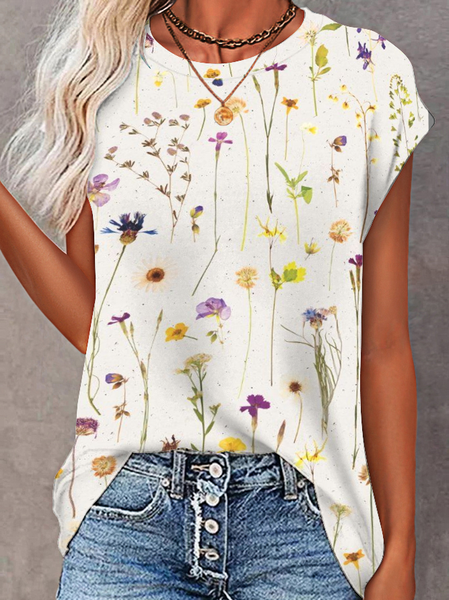 

Casual Crew Neck Loose Floral T-Shirt, Off white, T-Shirts