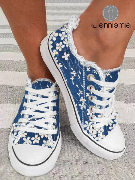 

Casual Blue Floral Print Raw Hem Lace-Up Canvas Shoes, Sneakers