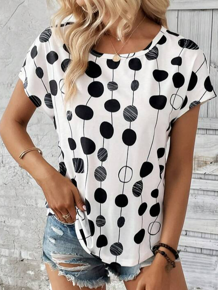 

Crew Neck Loose Casual Geometric T-Shirt, White, T-Shirts