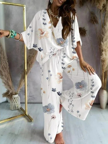 

Casual Loose Floral V Neck Two-Piece Set, White, Suit Set