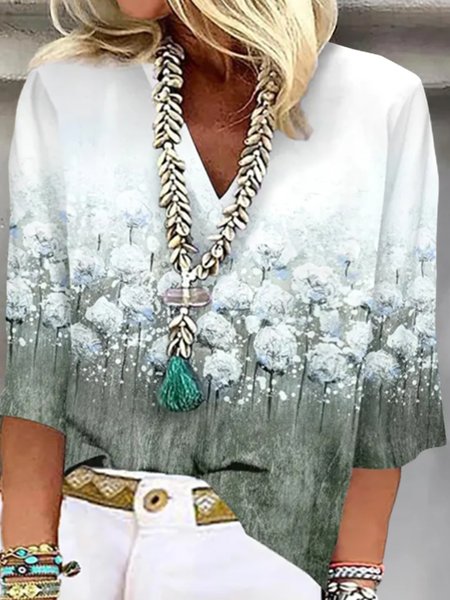 

Plus Size Casual Floral V Neck Shirt, Green, Shirts & Blouses