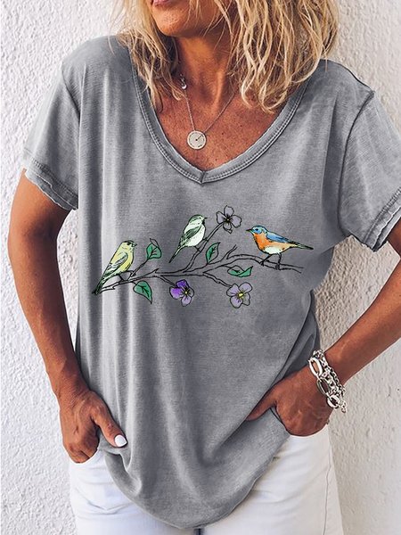 

Women's Three Birds Print Casual V Neck T-Shirt, Gray, T-shirts