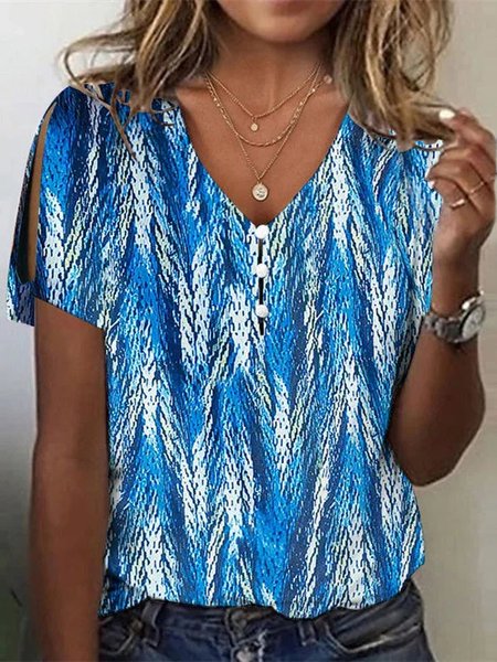 

V Neck Casual Knitted Loose T-Shirt, Blue, T-Shirts