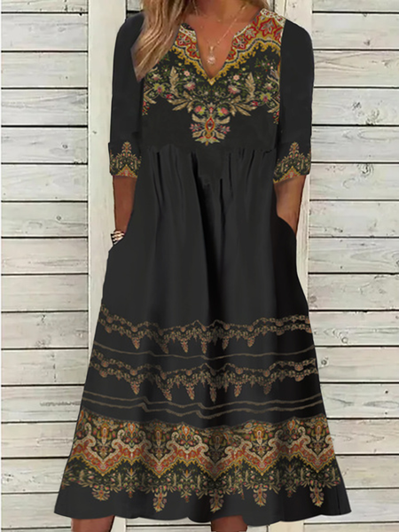 

Plus Size V Neck Ethnic Jersey Casual Dress, Black, Dresses