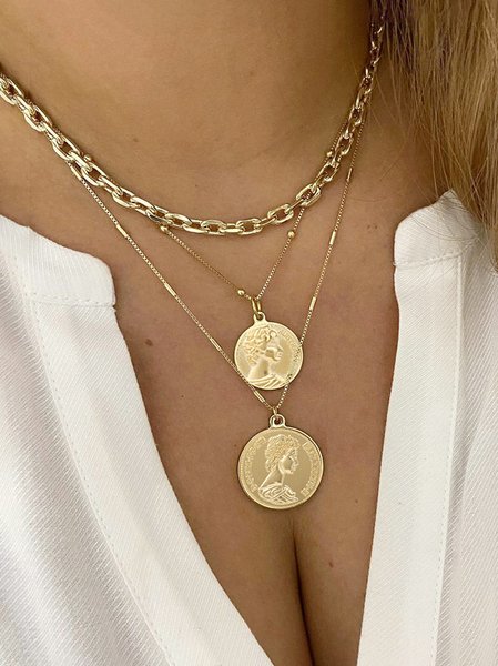 Casual Fashion Coin Chain Layer Necklace Vacation Urban Women's Jewelry, Golden, Necklaces