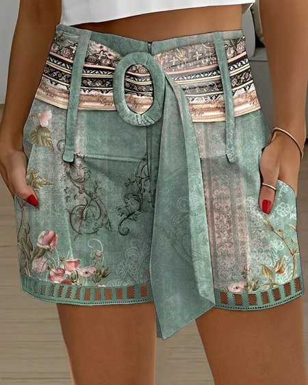 

Floral Tribal Print Hollow Out Belted Shorts, Green, Shorts