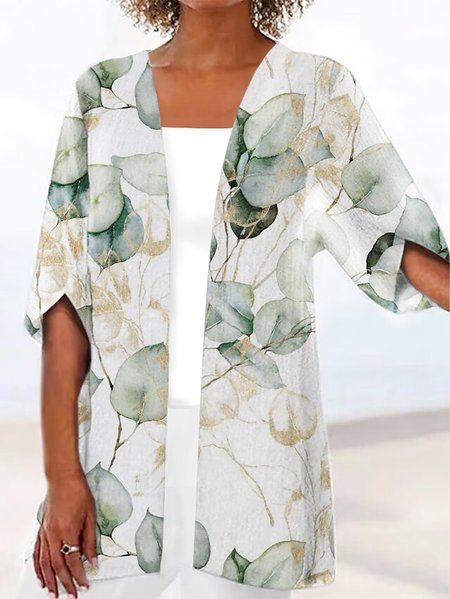 

Leaf Loose V Neck Casual Kimono, Green, Cardigans