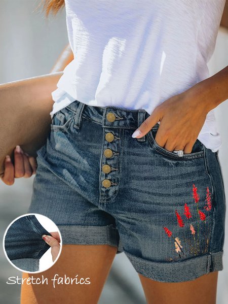 

Women's Floral Stretch Jeans Stretchy Folded Hem Hot Short Jeans, Blue, Jeans