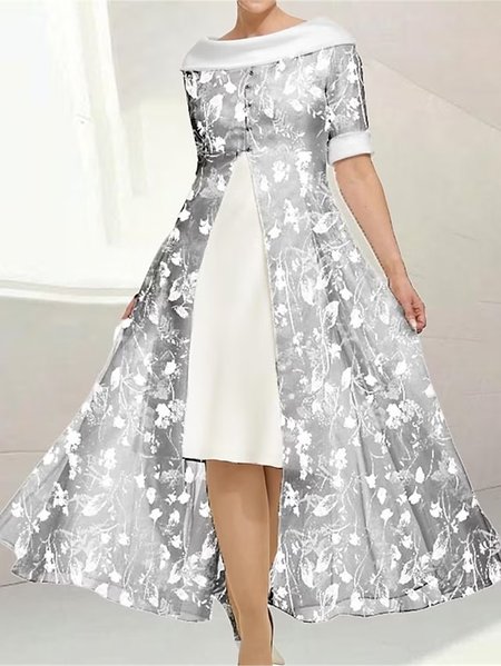 

Elegant Loose Boat Neck Color Block Dress, Gray, Dresses
