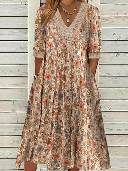 

Plus Size Casual V Neck Floral Dress, Khaki, Dresses