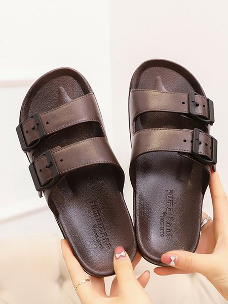 

Casual Double Buckle Waterproof Beach Slippers, Brown, Slippers