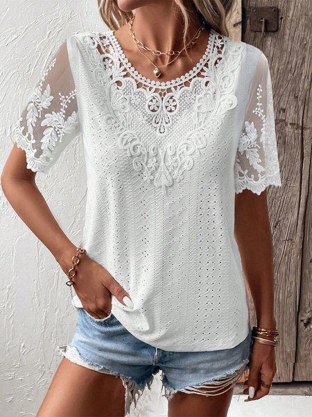 

Crew Neck Casual Loose Lace Shirt, White, Clothing