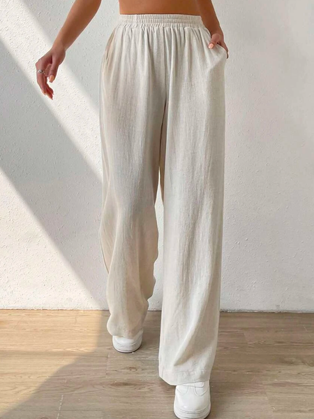 

Loose Casual Cotton Plain Solid Slant Pocket Wide Leg Pants, Apricot, Pants