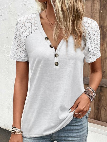

Lace Split Joint Casual Shirt, White, Shirts & Blouses
