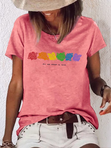 

Women's All We Need Is Love Flower Print Casual T-Shirt, Pink, T-shirts