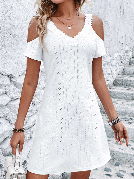 

Plain V Neck Casual Loose Dress With No Belt, White, Dresses