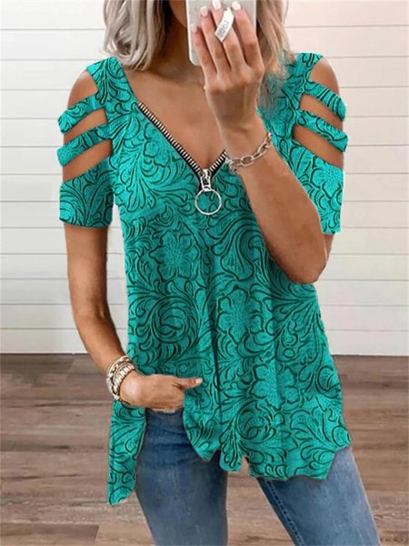 

Floral Casual Loose V Neck Blouse, Green, Blouses