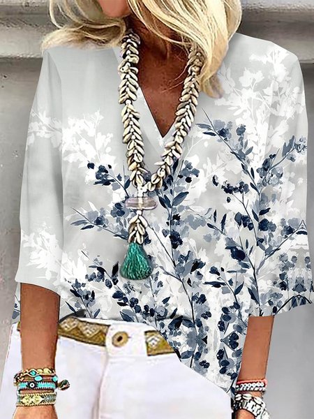 

Floral Casual V Neck Loose Shirt, Gray, Shirts & Blouses