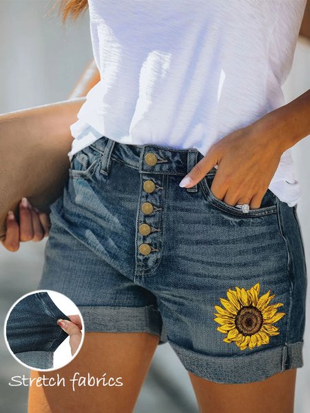 

Women's Sunflower Stretch Jeans Stretchy Folded Hem Hot Short Jeans, Blue, Jeans