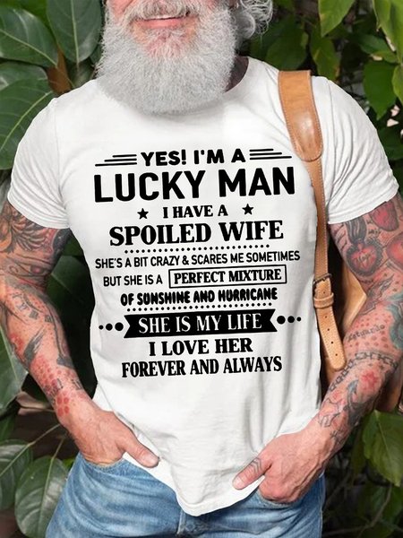 Men's Yes I'm A Lucky Man Print Casual Cotton T-Shirt, White, T-shirts