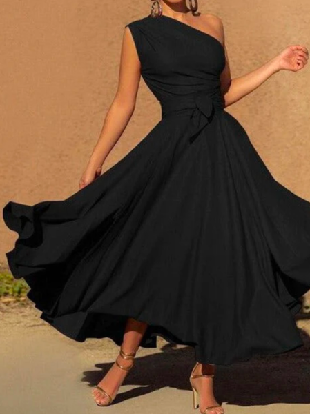 

Asymmetrical Elegant Plain Black One Shoulder Maxi Dress, Dresses