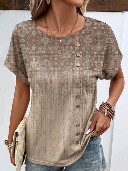 

Buckle Loose Ethnic Ethnic T-Shirt, Khaki, T-Shirts