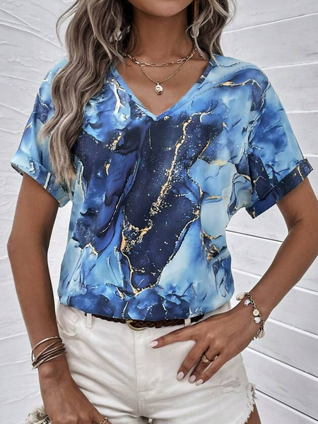 

V Neck Casual Gradient Pattern Loose T-Shirt, Blue, T-Shirts
