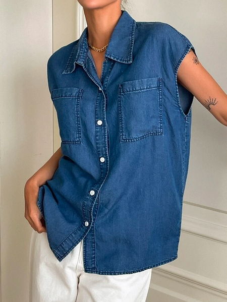 

Buttoned Plain Linen Casual Denim Blouse, Blue, Shirts & Blouses
