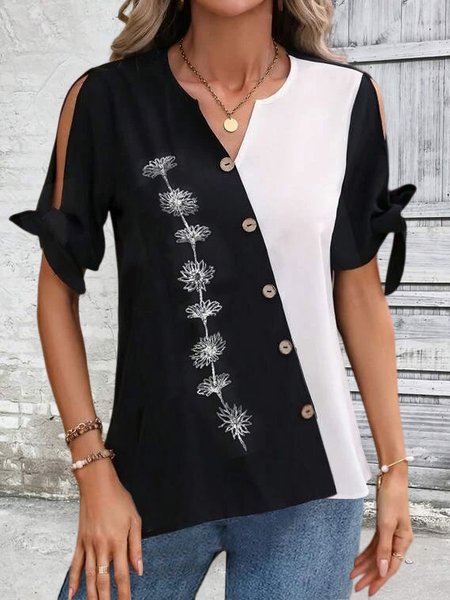 

Floral Notched Loose Casual Blouse, Black, Shirts & Blouses