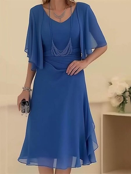 

V Neck Plain Elegant Chiffon Two-Piece Set, Blue, Suit Set