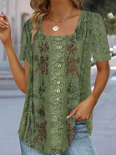 Square Neck Loose Casual Floral Printed Buckle Blouses