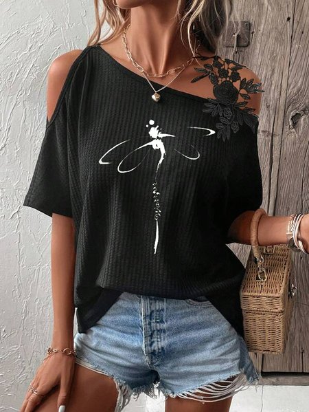 

Lace Loose Knitted Casual Dragonfly Shirt, Black, Shirts & Blouses