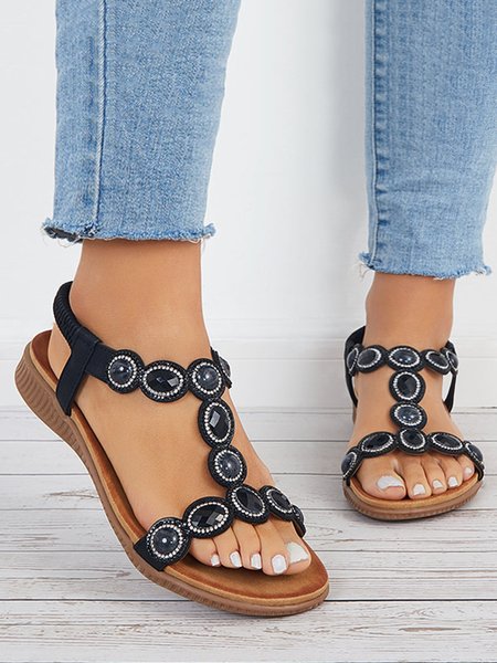 

Boho Rhinestone T-bar Elastic Strap Sandals, Black, Sandals