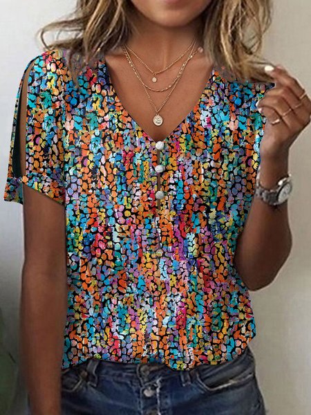 

V Neck Abstract Casual T-Shirt, Blue, T-Shirts