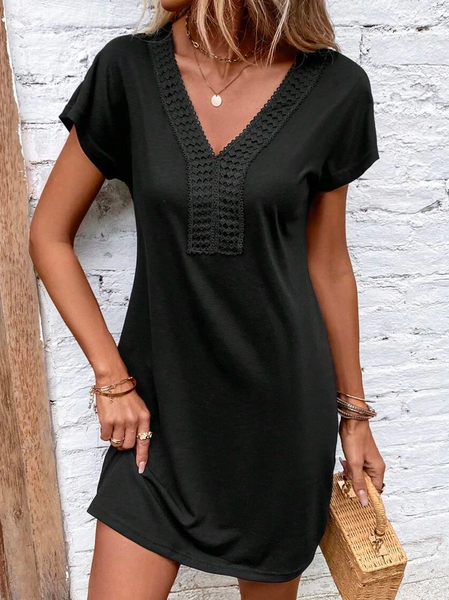 

Plain Lace Elegant Guipure Lace Panel Batwing Sleeve Tee Dress, Black, Dresses