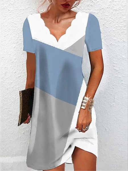 V Neck Loose Color Block Casual Dress, Blue, Dresses