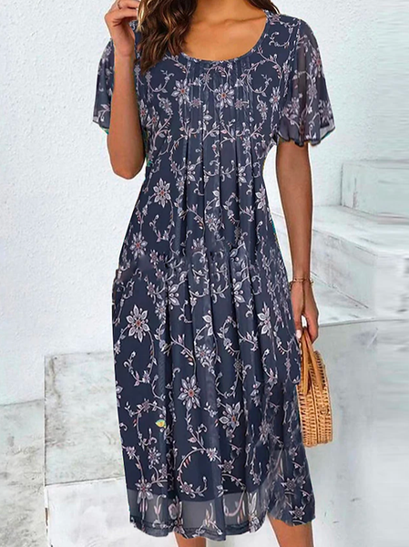 

Floral Elegant Loose Dress, Blue, Dresses