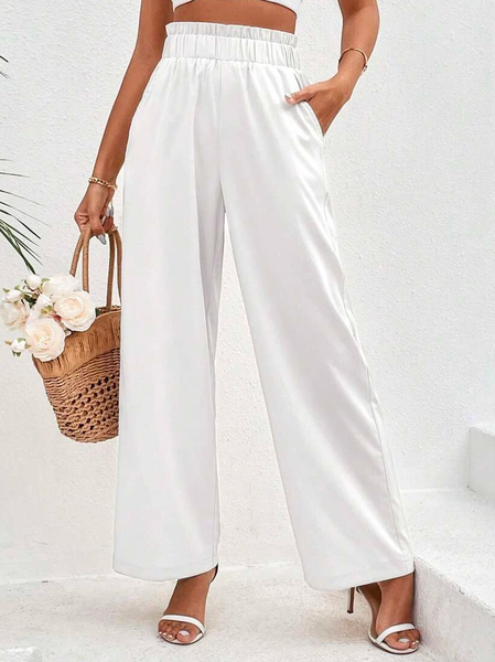 

Cotton Casual Plain Paperbag Waist Wide Leg Pants, White, Pants