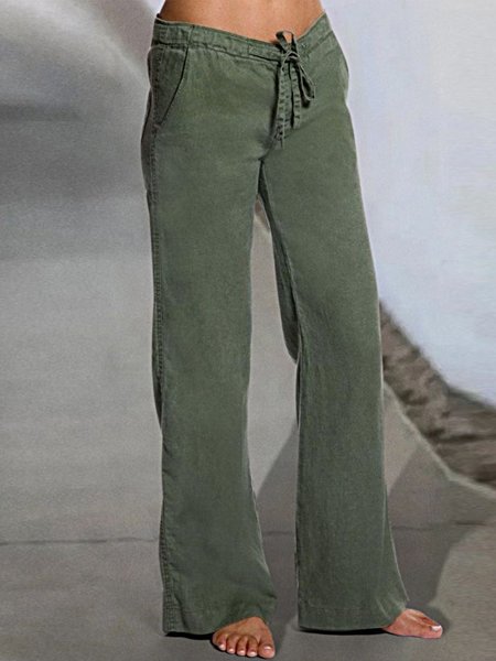 

Casual Plain Drawstring Low Waist Wide Leg Jeans, Green, Pants