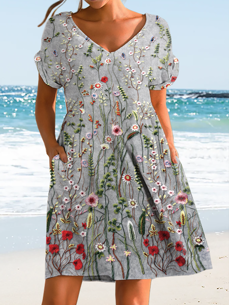 

Women's Floral Casual Cotton-Blend Dress, Gray, Dresses
