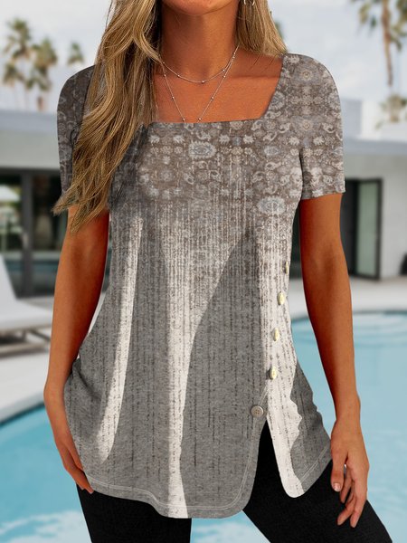 

Square Neck Buckle Ethnic T-Shirt, Apricot, T-Shirts