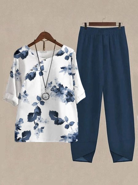 

Loose Casual Floral Two-Piece Set, Blue, Suit Set
