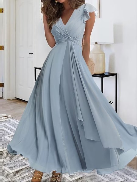 

Loose Ruffled Sleeves Chiffon Elegant Plain Dress, White-blue, Dresses