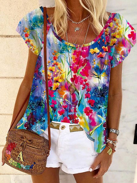 

Crew Neck Casual Loose Floral Shirt, Purple, Shirts & Blouses