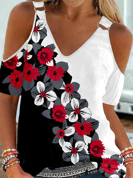 

V Neck Loose Floral Casual T-Shirt, Black, T-Shirts